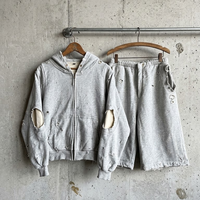 Ensemble de survêtement pour homme Finch Garment Streetwear avec sweat à capuche zippé double couche en tissu gaufré, patchs personnalisés et déchirures, et short de survêtement