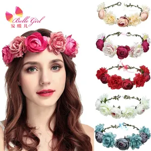BELLEWORLD wedding hair accessories bridal Women Rose Floral Crown Hair Wreath Leave Flower Headband with Adjustable Ribbon