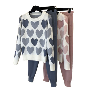 Wholesale Bulk Casual Knitted 2 Piece <b>Set</b> Heart Print Beaded <b>Sweater</b> Pants for Women Spring Autumn Daily Wear - Product Image 4