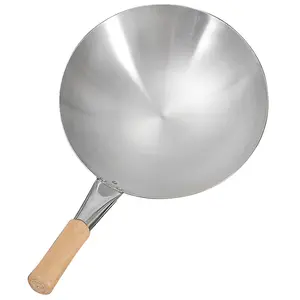With Wooden Handle Round Bottom Large 304 Stainless Steel Wok Pan Commercial