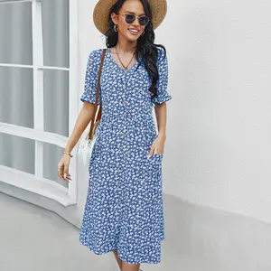 Factory RTS Holiday WITH POCKET Floral Print A Line Maxi Dress Hot Selling Short Sleeve Long Dress for Women
