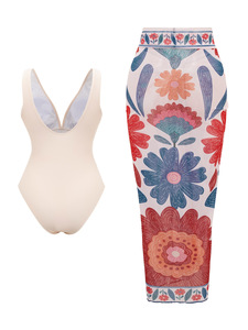 Ensemble de maillot de bain 2 pièces pour femme, maillot une pièce décolleté en V profond avec chemise de plage en maille à imprimé floral bohème, tenue de plage d'été, vente en gros - Product Image 4