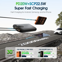 Chargeur portable 20000mAh avec 4 câbles intégrés USB-A C, charge magnétique sans fil pour montre connectée, affichage numérique LED, lampe torche