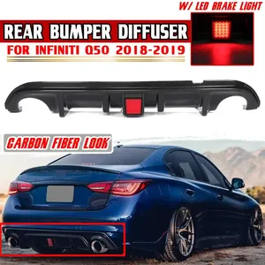 Carbon Fiber Look/Black Car Rear Bumper <b>Diffuser</b> Fins W/ <b>Led</b> Brake Light Lamp for Infiniti Q50 2018-2019 Rear <b>Diffuser</b> Lip Cover - Product Image 1