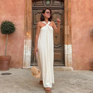 Abito lungo da donna Sexy <span class=keywords><strong>con</strong></span> <span class=keywords><strong>lacci</strong></span> e chiusura frontale bianco abito da spiaggia senza schienale <span class=keywords><strong>vestito</strong></span> Casual da donna <span class=keywords><strong>con</strong></span> cerniera - Product Image 2