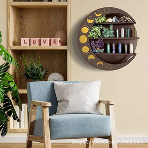 Estante de pared circular de madera con forma de luna de 3 niveles para exhibir y almacenar aceites esenciales en la sala de estar - Product Image 2
