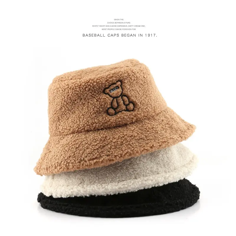 Topi wol domba hangat untuk wanita, topi ember musim dingin bahan wol halus hangat modis kustom untuk wanita