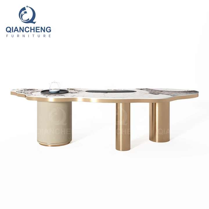 Foshan 가구 공장 호화스러운 lj1 차 현대 센터 거실 테이블 스테인리스 금속 구조 ceo 두목 가죽 테이블