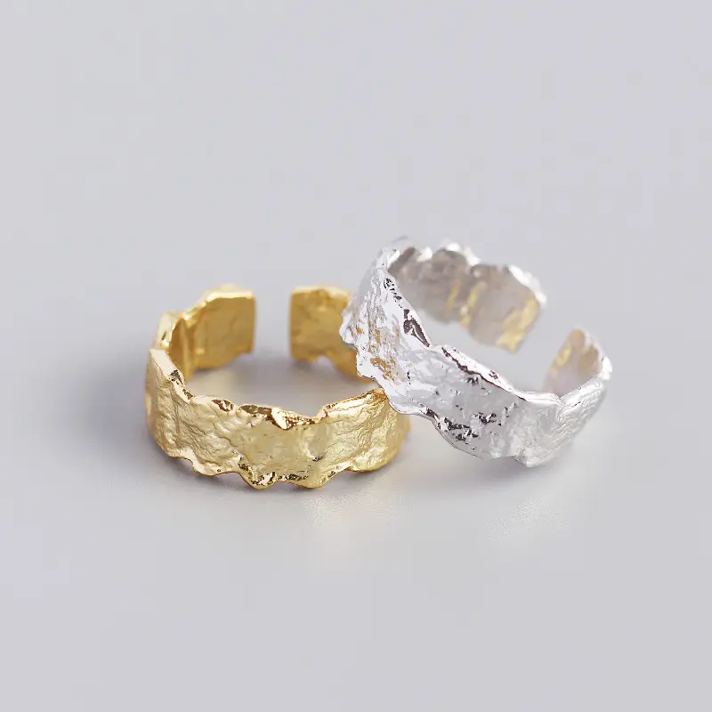 NUORO Minimalist Gold Sliver Irregular Rings for Women Adjustable 925 Sterling Silver Crumpled Tin Foil Texture Ring