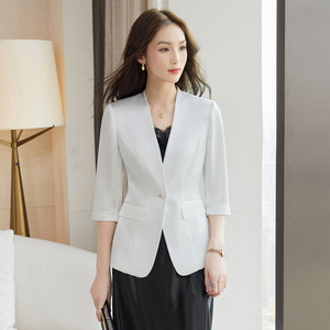 Women's Linen Blazer White Three Quarter Sleeve Collarless Summer Thin Style Elegant Petite Solid Color Breathable Suit - Product Image 3