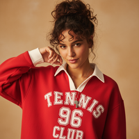 Ensemble de survêtement de tennis pour femmes, sweat-shirt à col polo contrasté, short de sport imprimé, rouge et blanc, 2 pièces, vente en gros