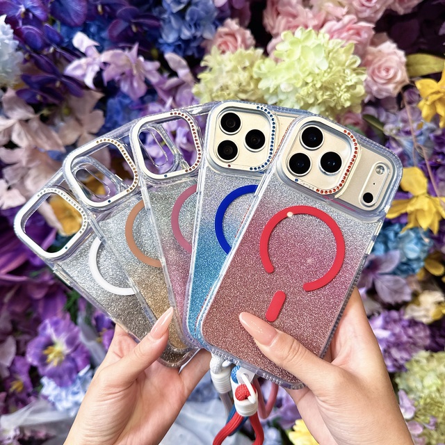 Luxury Glitter Hybrid TPU PC Shockproof Phone Case for iPhone 17 Pro Max 16 15 14 with Diamond Decor Magnetic Wireless Charging