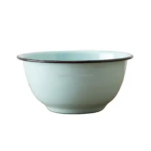 Rustic light green round kitchen enamel metal salad bowl with blue rim