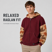 OEM Fabrik Maßgeschneiderte Waffel-Zip-Hoodie mit Camo-Kontrast-Raglanärmeln, Schwergewichtige Übergroße Farbblock-Herren-Streetwear-Hoodies