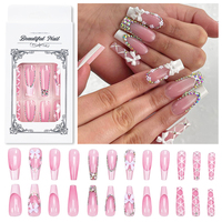 24 Uñas Postizas de Color Rosa con Diseño de Flores Francesas, Uñas de Ballet Largas con Forma de Ataúd, Cobertura Completa, Uñas Postizas con Lazo, Punta de Uña Artificial