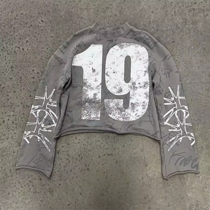 Streetwear High Quality Custom Oversized Graphic Raw Edge T-Shirt <b>Long</b> <b>Sleeve</b> Drop Shoulder Cropped T Shirt <b>Men</b> - Product Image 3