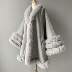 2022 moda elegante mantello di lana di Cashmere mantello scialle di lusso vera pelliccia Trim inverno autunno personalizzato donna <span class=keywords><strong>cappotto</strong></span> di lana nuovi arrivi - Product Image 2