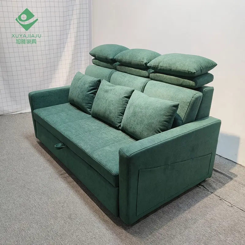 Yeşil kumaş rengi 3 kişilik uzanma kanepesi kol dayanağı ve ayarlanabilir kafalık ile yatak gel