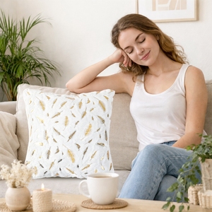 2 Pezzi Federe Decorative con <span class=keywords><strong>Piume</strong></span> Stampate in Oro su Sfondo Beige 43*43cm, Copricuscini in Peluche Corto per Divano e Casa - Product Image 6