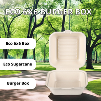 Boîte à hamburger biodégradable personnalisée de 6x6 pouces, emballage alimentaire en papier de canne à sucre, nourriture pour bébé, chips de pommes de terre, vernis mat