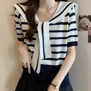 Haut court à manches courtes en soie glacée rayé noir et blanc, nouvelle collection été 2025, tricot fin et ample à col unique - Product Image 2