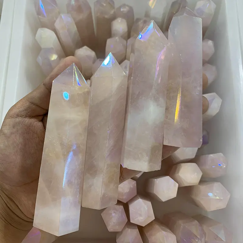 Atacado de cristais naturais de alta qualidade, pedras de cura polido anjo aura torre de quartzo rosa