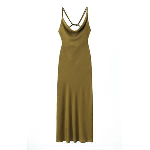 2024 verde militar Spaghetti Trager Zuruck Aushohlen Khaki Farbe <span class=keywords><strong>Lassig</strong></span> Sommer Frauen Lange Slip Kleid - Product Image 1