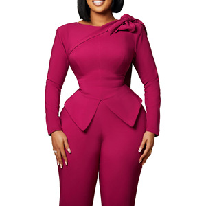 New Women's Solid Color Long Sleeve Tie Waist <b>Tops</b> Pants African 2 Piece Set Fashion - Product Image 4