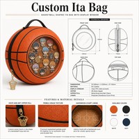 Sac à bandoulière personnalisé pour le basketball, type Ita Bag, avec fenêtre transparente ronde pour affichage, doublure imprimée motif terrain de basket, fermeture éclair et breloque en forme de panier de basket, cadeau pour fan