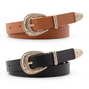 Women's Carved Belt Western Vintage Style PU Leather Belt Metal Buckles Waist Belts for Jeans Dress Pants 5 Colors