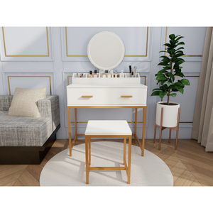 <b>Vanity</b> Set With <b>Mirror</b> And Stool White Gold Makeup <b>Table</b> With Storage Drawers Space Saving Design - Product Image 1
