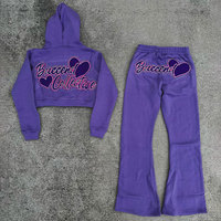 Kustom Logo bordir 100% katun 2 potong Set Zip up warna Solid Crop Top Tracksuit berlian imitasi Hoodie & Flare Sweatpants wanita