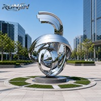 Sculpture d'art métallique extérieur en acier inoxydable, sphère spirale abstraite, poli miroir, grande taille, pour place publique et jardin, fabrication sur mesure