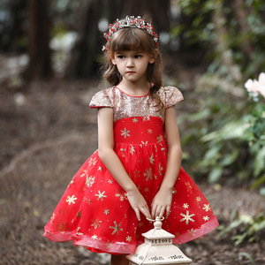 Girls <b>Red</b> <b>Sequin</b> Snowflake Dress Cap Sleeve Party Costume Winter Holiday Dress - Product Image 1