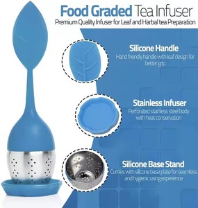 Lá cầm tay hình dạng thép không <span class=keywords><strong>g</strong></span>ỉ Tea Infuser với Silicone xử lý + Khay trà lọc Bộ Trà Kim Loại bộ lọc đồ dùng - Product Image 4