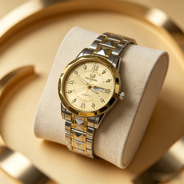 Wholesale Gold Silver Men Quartz Watch Faceted Bezel Diamond Inlaid Champagne Dial for Stainless Steel Bracelet Business