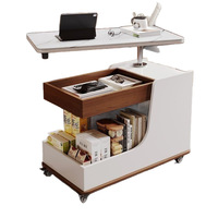 Table d'appoint mobile sur roulettes avec rangement, construction en bois massif, hauteur réglable, meuble d'appoint relevable pour canapé, style moderne