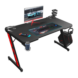 Z Shaped <strong>Gaming</strong> Table LED <strong>Lights</strong> Ergonomic Table Computer <strong>Desk</strong> with Monitor Riser Cup Holder and 2 Headphone Hooks - Product Image 1