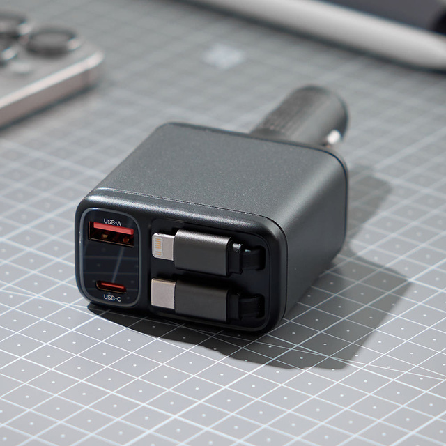 ReelKit Retractable 4-in-1 Fast Car Charger Multi Port USB-C 12V Vehicle Adapter for Abarth 500 Retractable Cord iPhone Android