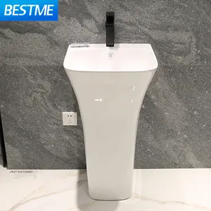 Lavabo de cerámica independiente de una pieza, pedestal blanco puro para baños