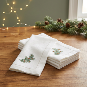 Embroidered Cotton Napkins 4PCS White <b>Rectangle</b> <b>Tablecloth</b> Home Decor Classic Style Handmade Christmas Pine Design - Product Image 1