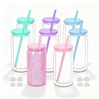 Gobelet en plastique à double paroi de 16 oz, style globe à neige, avec couvercle et paille, transparent, réutilisable, type bocal Mason, pour boissons froides