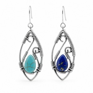 boucles d'oreilles en lapis-lazuli, boucles d'oreilles vintage en turquoise, accessoires de bijouterie au design enroulé de fil d'argent - Product Image 3