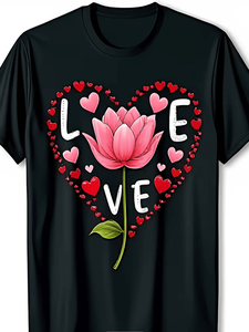 T-Shirt Nera da Uomo con Simbolo dell'Amore, Fiori Rosa e Cuori Rossi, Collo Tondo, Manica Corta, Casual, per San Valentino, 100% Cotone - Product Image 1