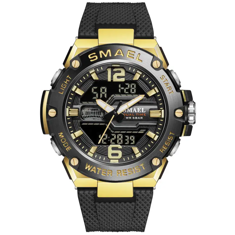 Smael 8033 Multi function man digital watch max price PU strap double display character army green sport watch