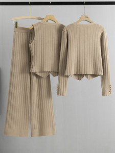 Femmes nouveauté printemps Style décontracté trois pièces ensemble cardigan court <span class=keywords><strong>gilet</strong></span> et taille haute jambe ample pantalons longs - Product Image 2