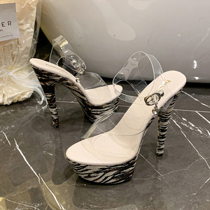Sandalias de tacón alto de 15 cm con plataforma impermeable, diseño de leopardo y rayas, estilo sexy con correa en T, ideales para pasarela y baile en tubo. - Product Image 1