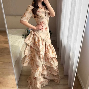 <span class=keywords><strong>Vestidos</strong></span> al por mayor elegantes con cuello en V, manga corta, hasta el suelo, cintura alta, estampado floral, volantes <span class=keywords><strong>de</strong></span> verano, ajuste ceñido, elegantes para fiesta, estilo cola <span class=keywords><strong>de</strong></span> pez. - Product Image 4
