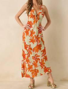 Vestido Maxi con Tirantes Finos, Estampado Floral Verde y Naranja, Hecho a Mano, Transpirable, Lavable, para Uso Diario en Verano, con Abertura en la Espalda - Product Image 2
