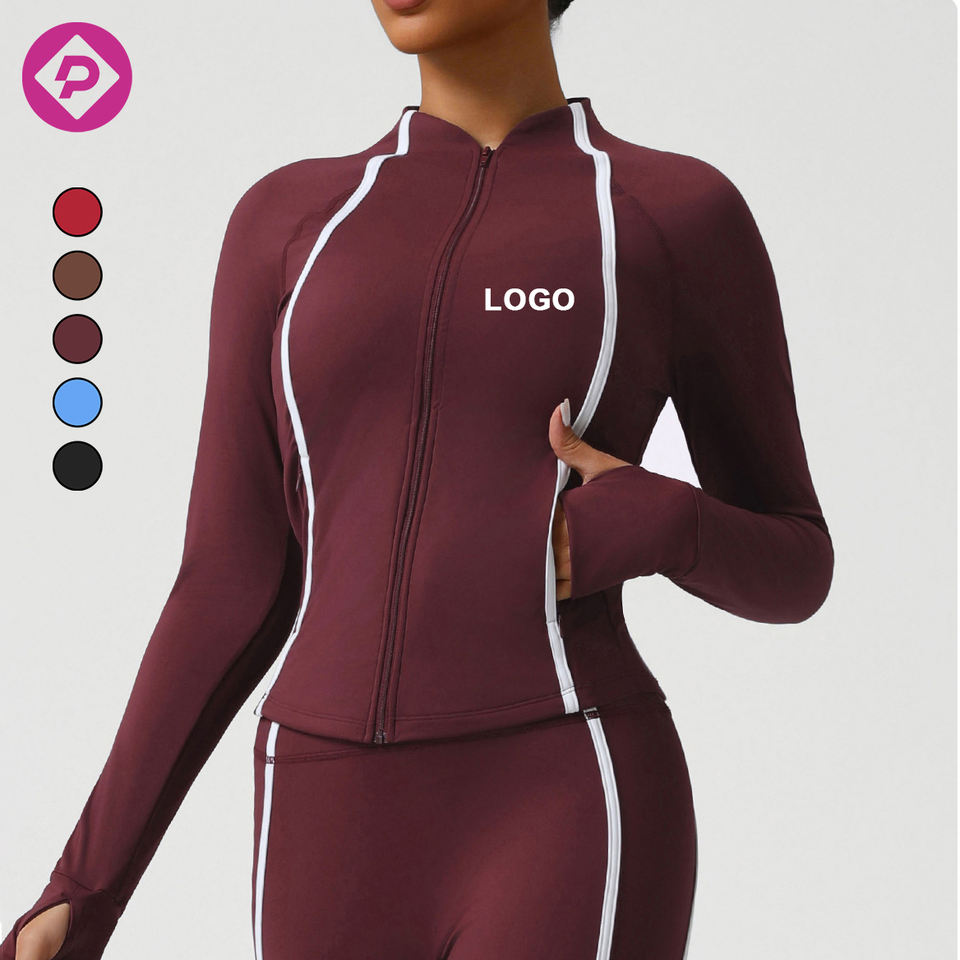 Nude Feeling Contrast Color Workout Activewear Tops Women's Long Sleeve Yoga Zipper Tights Jackets With Thumb Hole